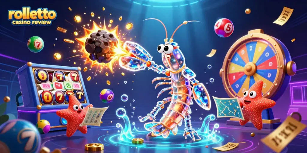 Experience thrilling action in this rolletto casino review featuring vibrant lottery and casino elements amidst dynamic characters.