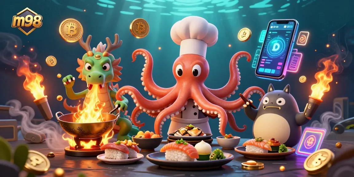Experience the excitement of m98 with this vibrant 3D illustration featuring a sushi chef octopus and a dragon in a casino.