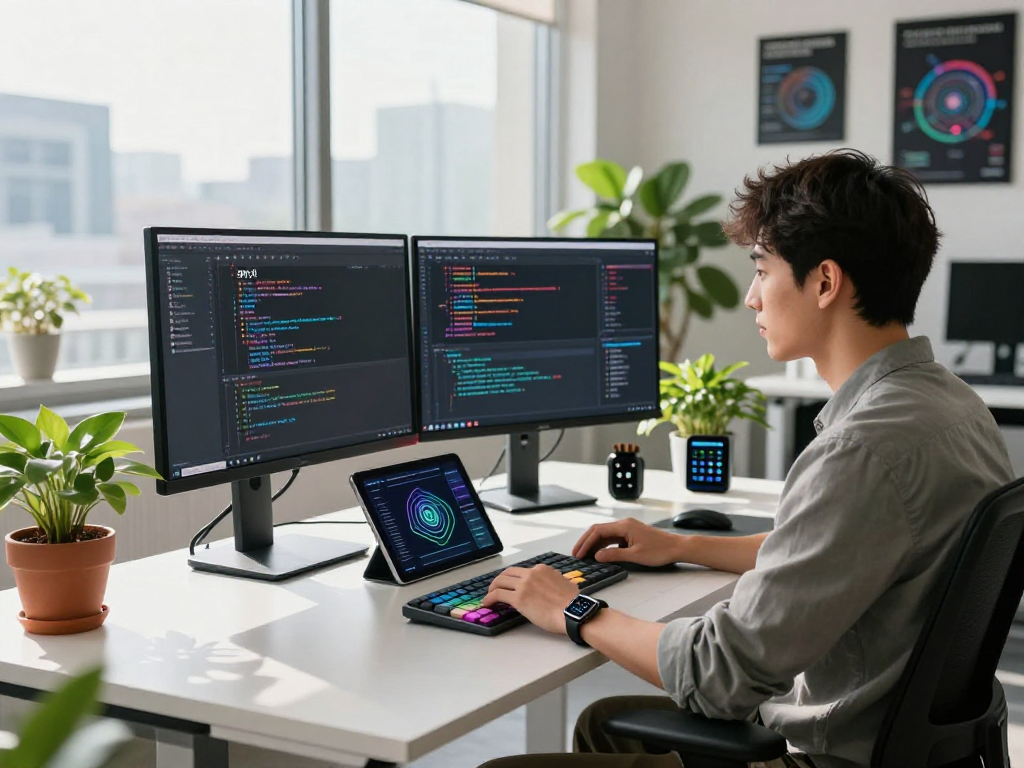 Professional software developer coding "spicy ai" algorithms in vibrant tech workspace